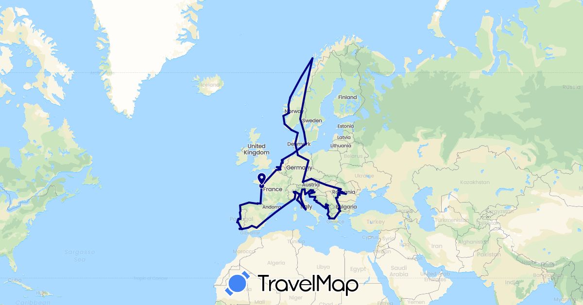 TravelMap itinerary: driving in Albania, Austria, Belgium, Bulgaria, Czech Republic, Germany, Denmark, Spain, France, Greece, Croatia, Hungary, Italy, Montenegro, Netherlands, Norway, Portugal, Romania, Sweden, Slovenia (Europe)